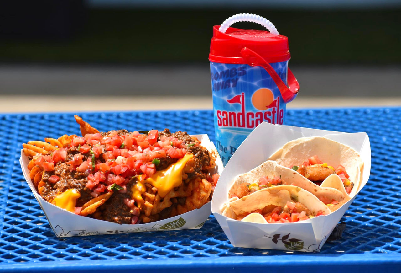 Fish tacos, fries, and Sandcastle Water bottle